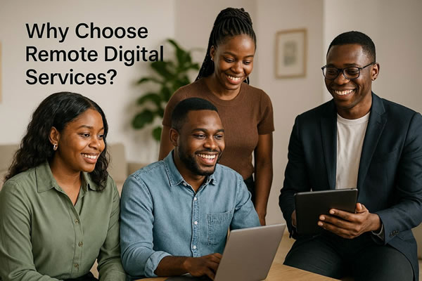 Expert remote digital services by Jossidy Digital Services: laptop on sunny desk with charts, globe, and growth icons symbolizing flexible branding, SEO, design from anywhere.