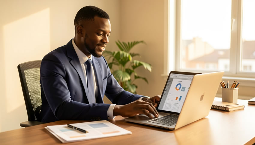 Confident Digital Marketing Specialist embodying characteristics of a remote digital services expert: professional headshot with laptop, headset, and modern home office setup for seamless virtual consultations.
